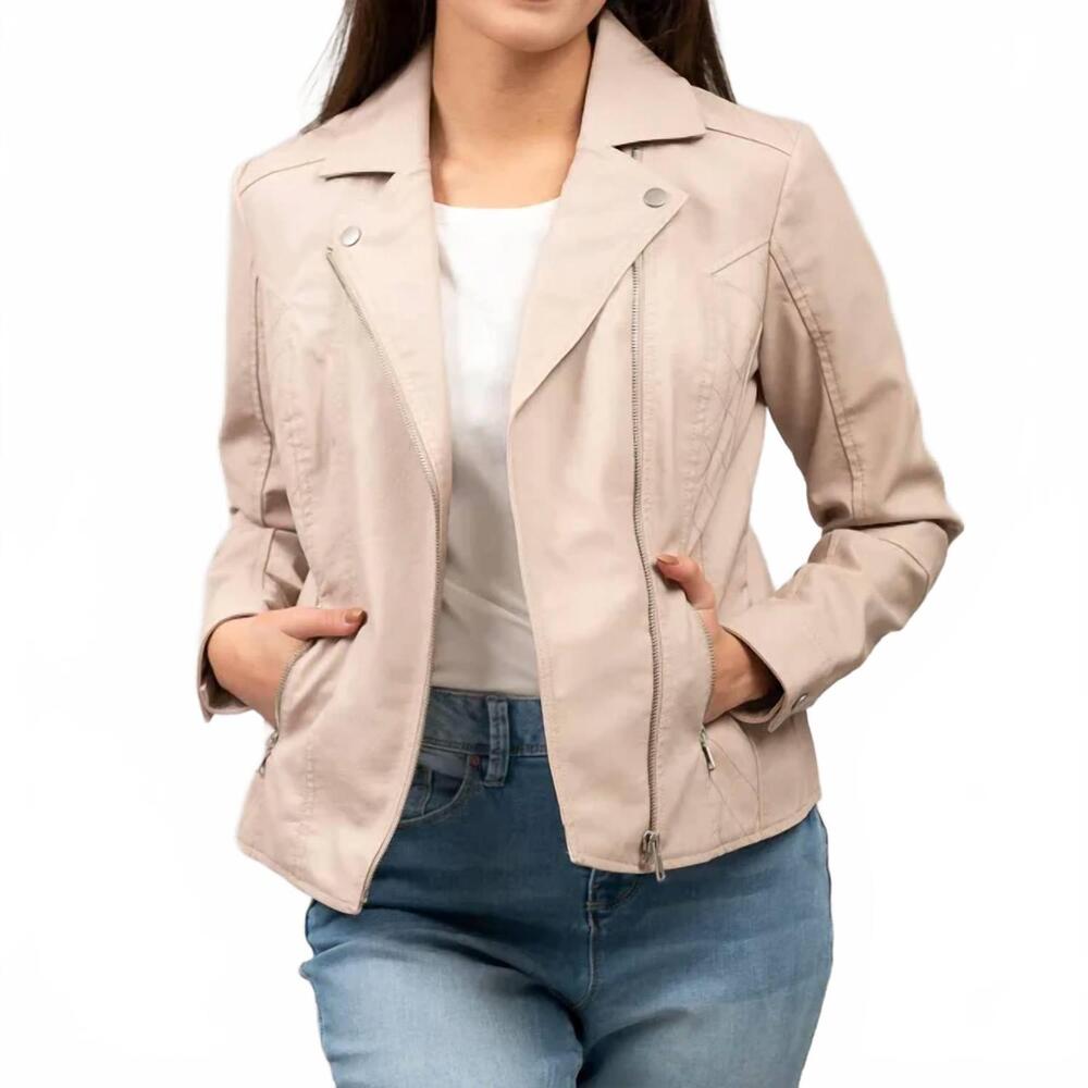 NEW PINE APPAREL asymmetric quilted faux leather jacket - plus size in beige